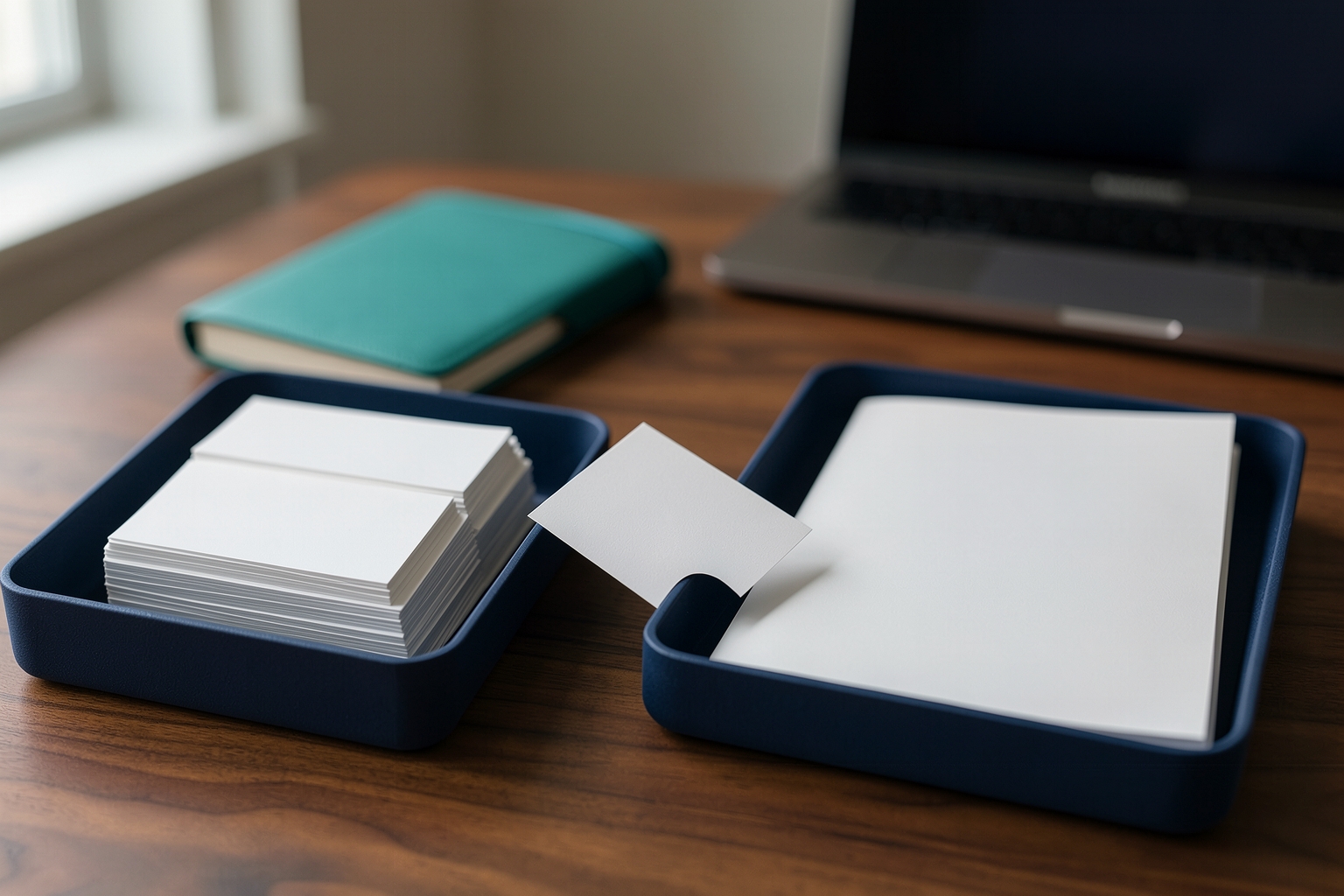 A photographic still life of two navy blue trays on a wooden desk. One tray holds a stack of white cards, while the other contains a large white sheet. A single small white card rests between them. A teal notebook and a defocused laptop are