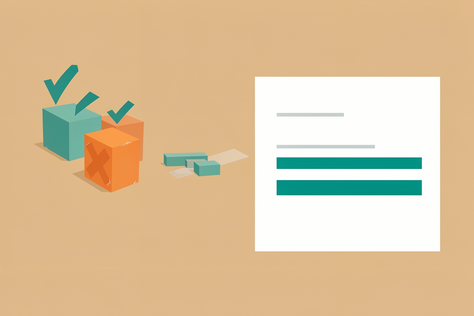 A flat editorial illustration on a tan background featuring three stylized cubes—two teal with checkmarks and one orange with an X—next to a white document with teal and gray bars.