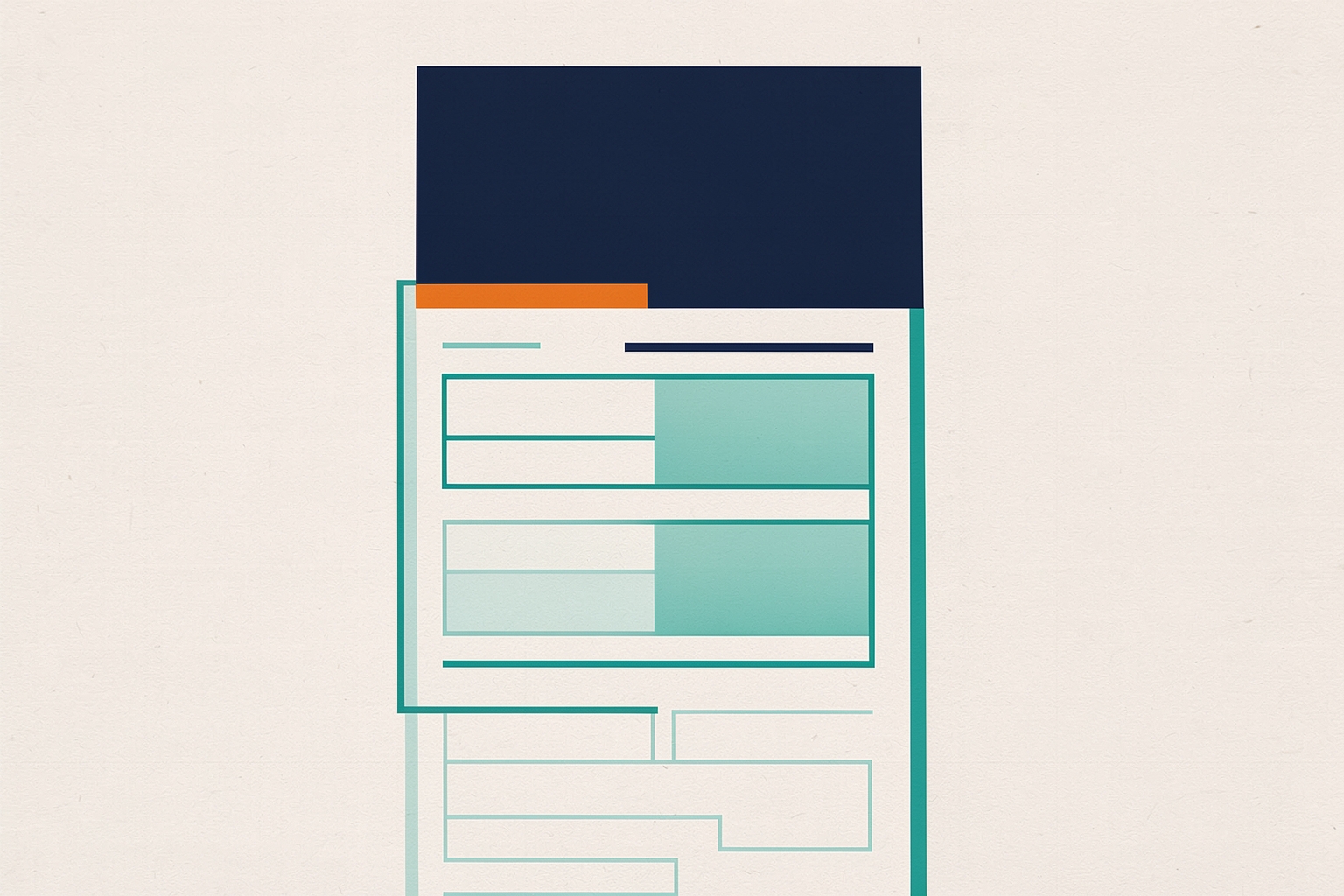 Una ilustración editorial plana sobre un fondo neutro con textura que muestra un diseño de página web estilizado con un encabezado azul marino grande, una barra de acento naranja y contornos turquesa que representan bloques de contenido debajo.