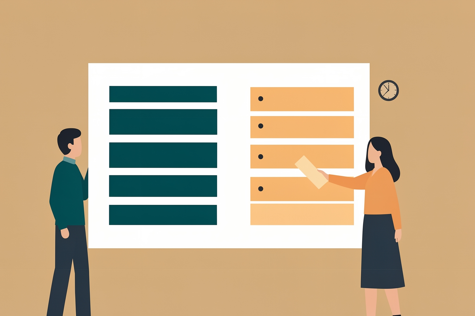 A flat editorial illustration on a tan background shows two stylized people interacting with a large white board.