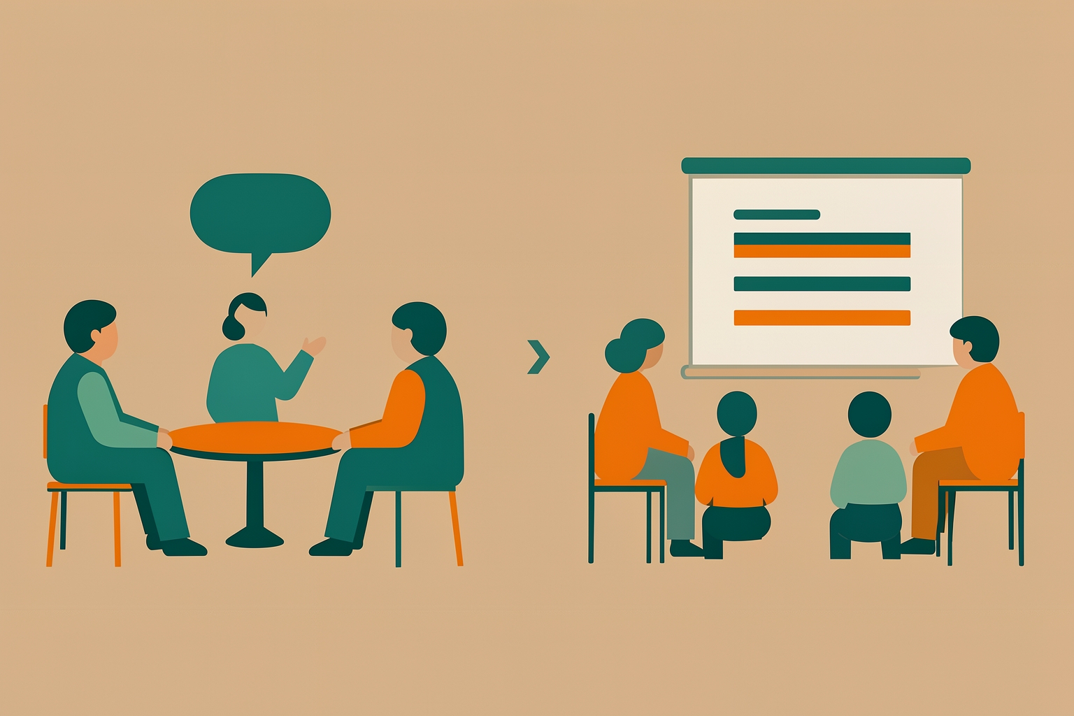A flat editorial illustration on a tan background shows a transition from a small group conversation to a meeting. On the left, three stylized figures sit around a circular table with one person speaking into a speech bubble.
