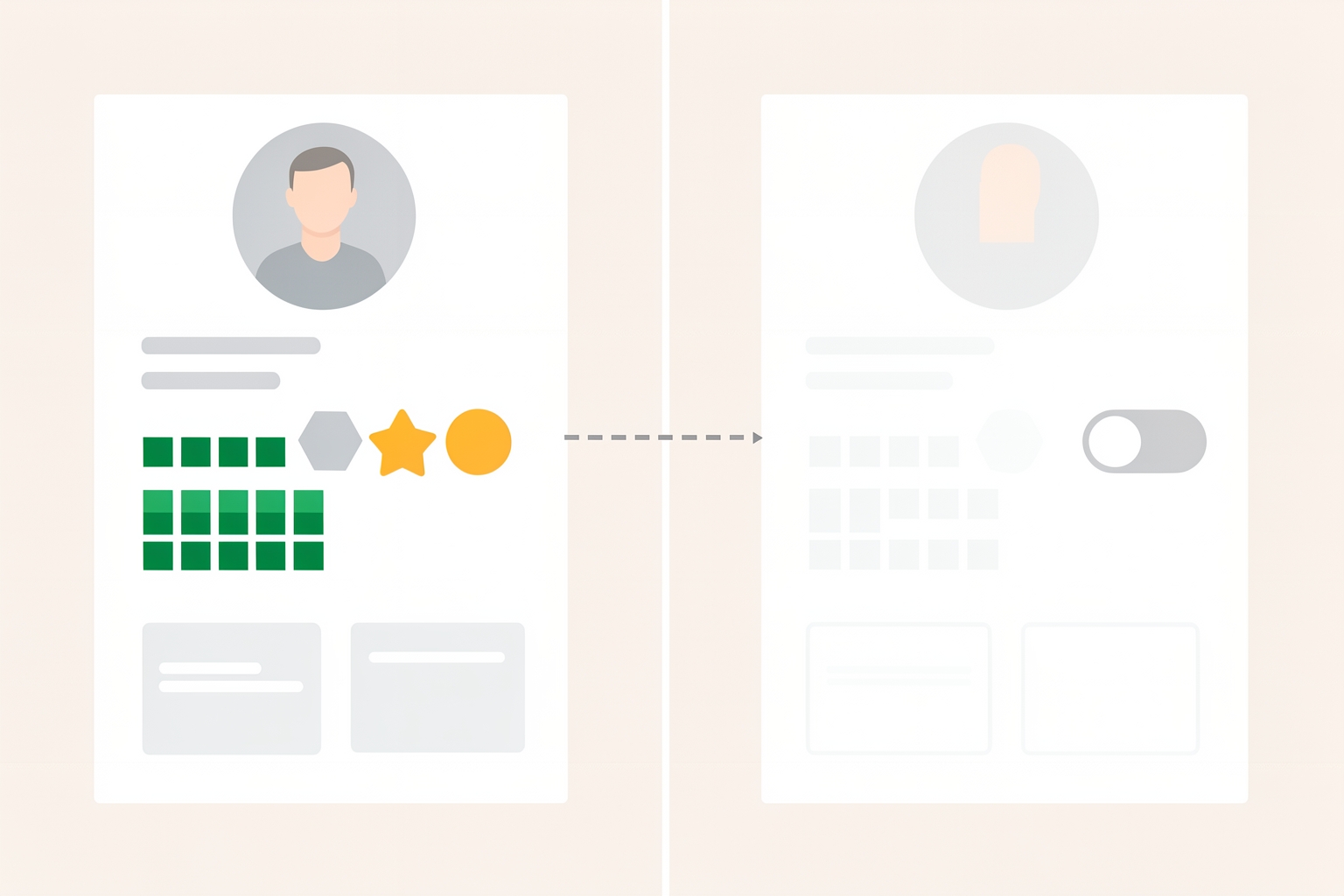 A flat editorial illustration showing two profile cards: one with visible achievements and a contribution graph, and another faded version with a privacy toggle, connected by a dashed arrow.