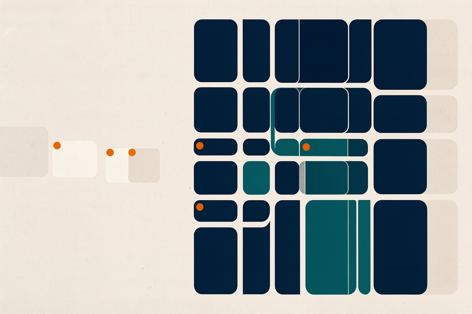 A flat editorial illustration on a textured neutral background featuring a grid of navy and teal rounded rectangles, with small orange circles marking specific blocks.