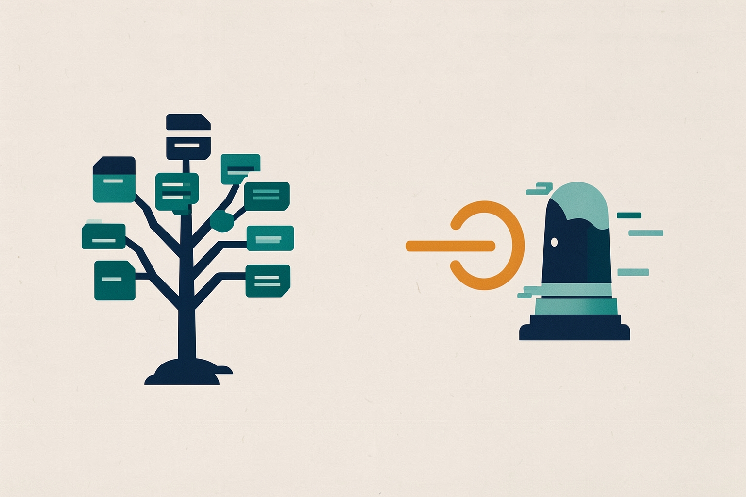 A flat editorial illustration on a textured neutral background featuring a navy blue stylized tree with teal rectangular nodes on the left and a teal bell icon with an orange signal icon on the right.