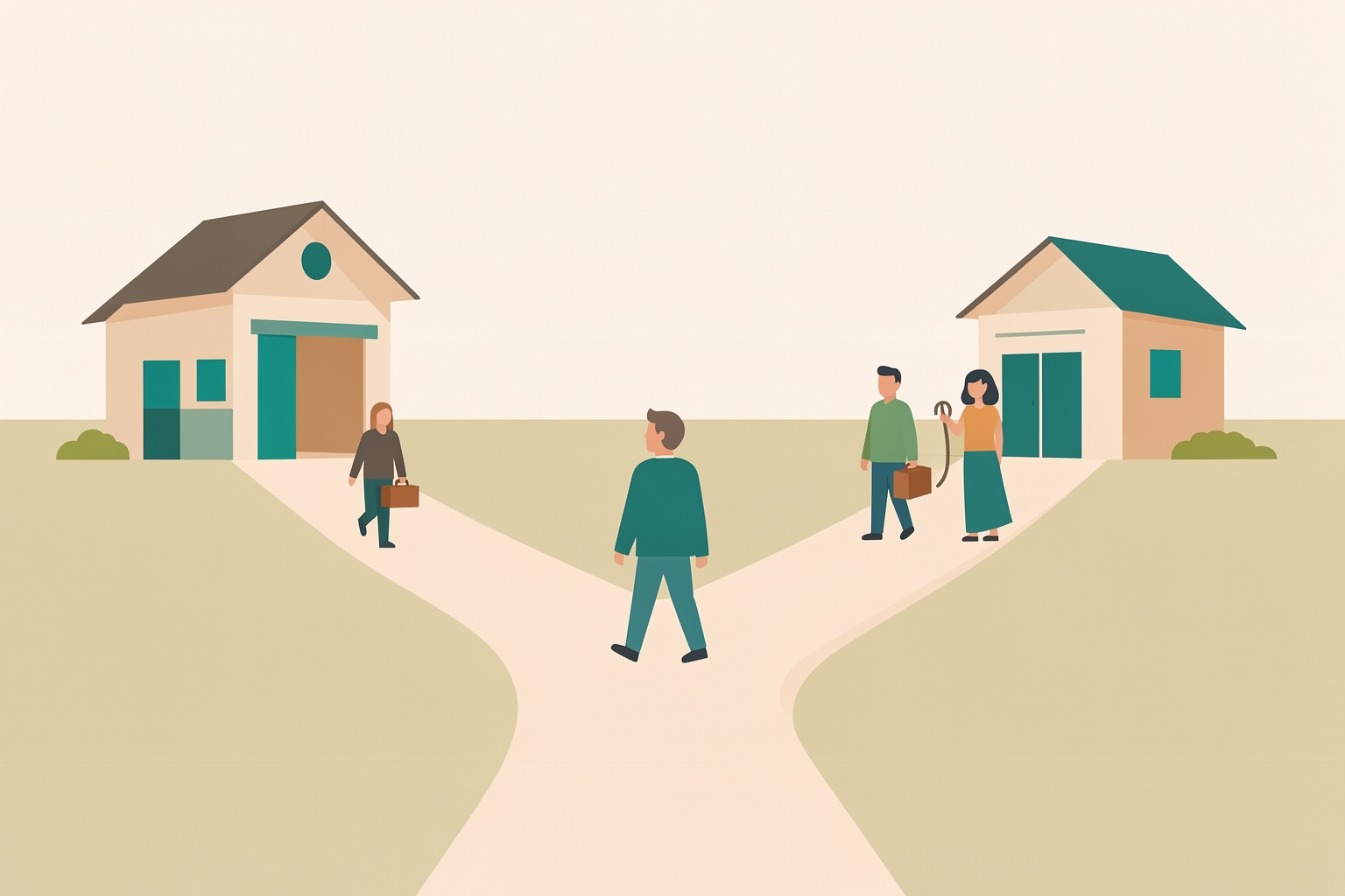 A flat editorial illustration of a person standing at a fork in a path. One path leads to a single person walking toward a house, while the other path leads to two people walking toward a different house.