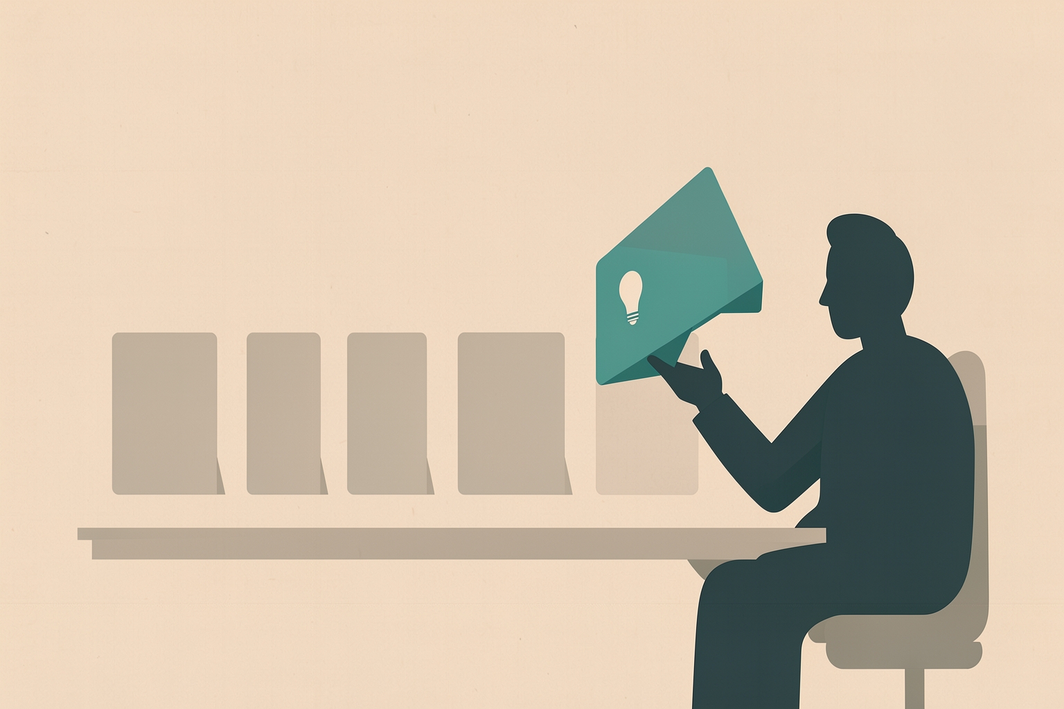 A flat editorial illustration of a dark silhouette of a person sitting at a table, holding up a teal-colored folded shape containing a white lightbulb icon.