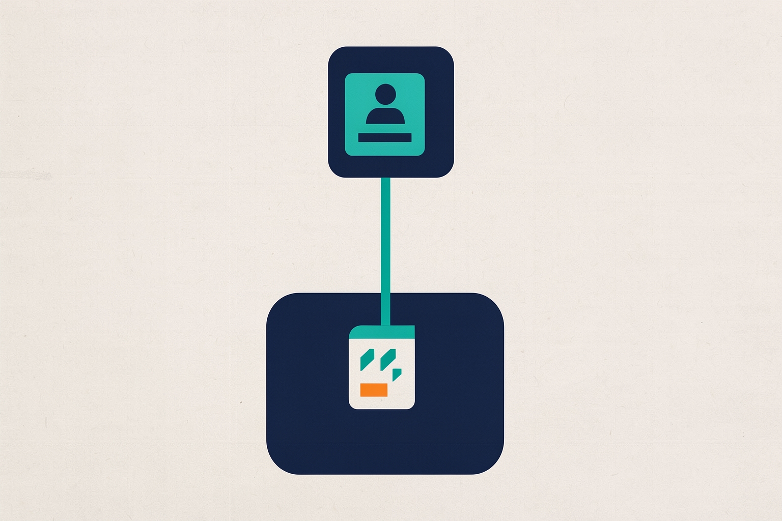 A flat editorial illustration on a textured neutral background showing a navy icon of a person connected by a teal line to a stylized record icon within a larger navy shape.