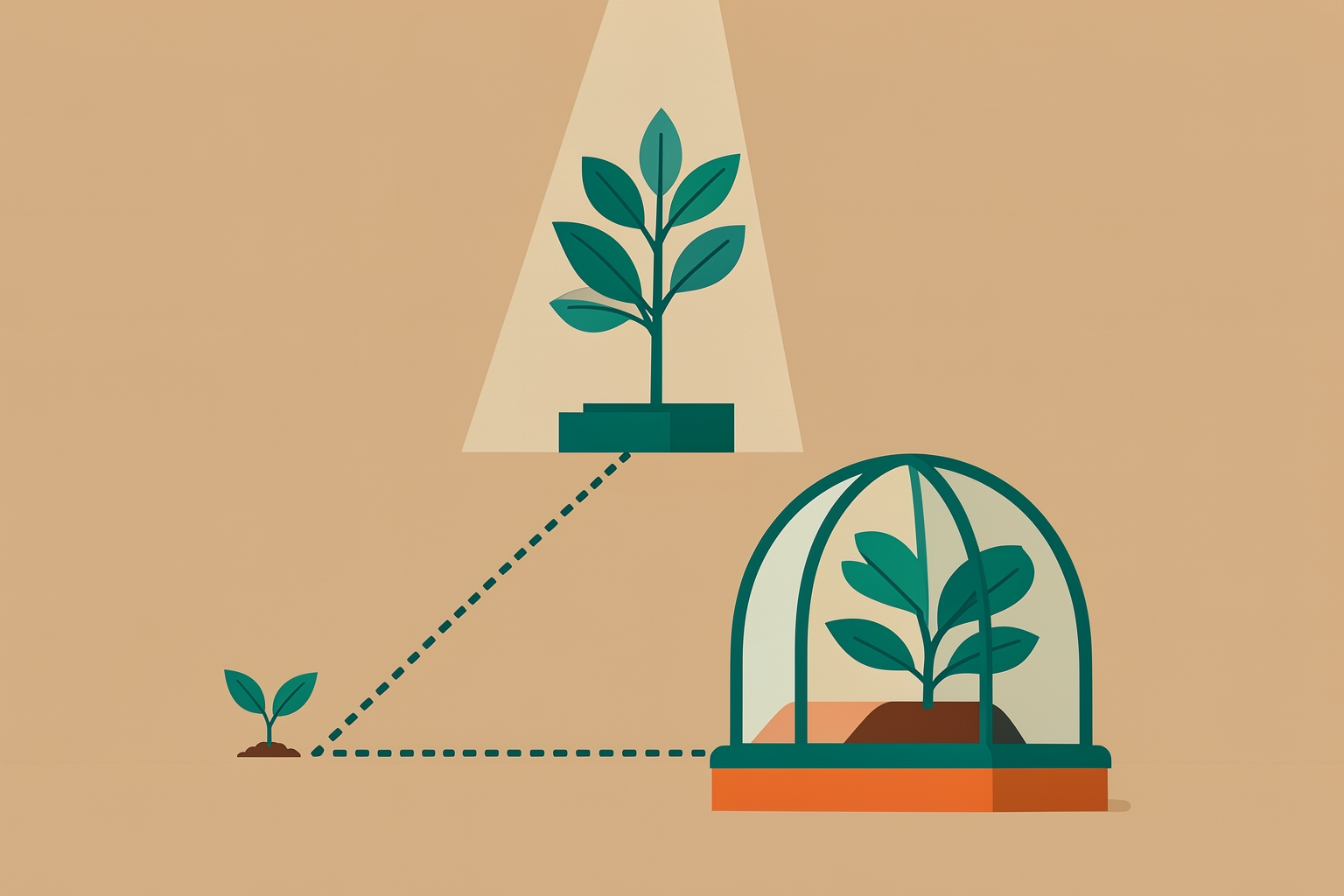 Una ilustración editorial plana sobre fondo beige muestra un pequeño brote verde a la izquierda, con líneas punteadas que lo conectan con una planta que crece bajo un reflector brillante y una planta protegida por una cúpula de vidrio.