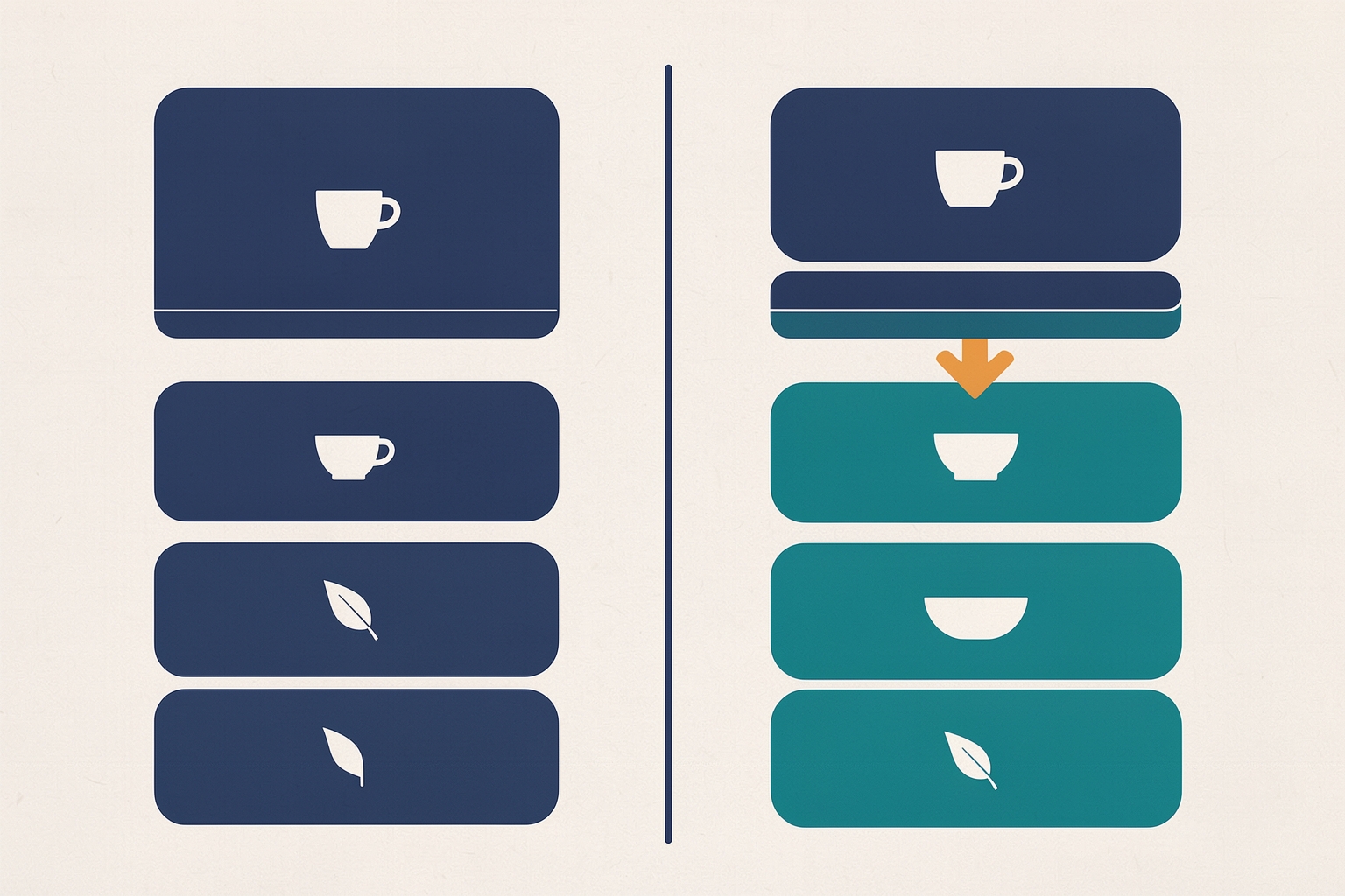 A flat editorial illustration on a textured neutral background shows a comparison between two columns. The left column contains three navy rounded rectangles with white icons of a cup and a leaf.