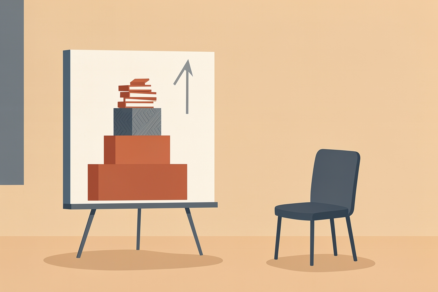 A flat editorial illustration of a presentation easel with a stack of colored blocks and an upward arrow, positioned next to an empty chair in a minimalist room.