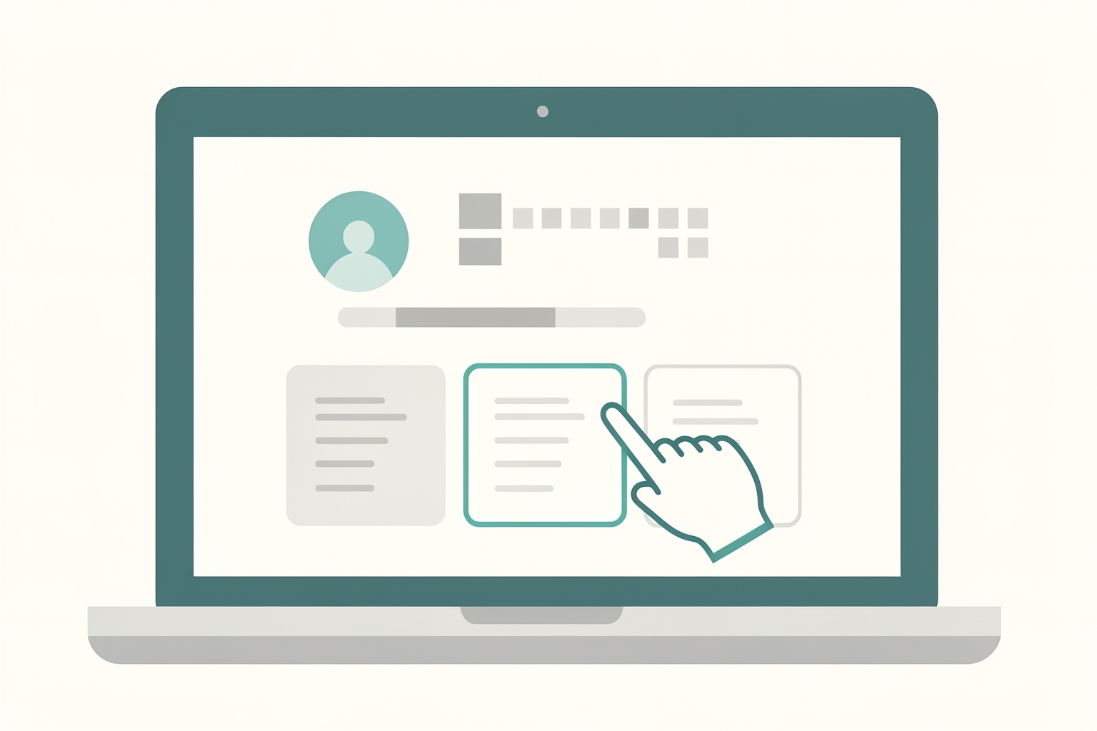 A flat editorial illustration of a laptop displaying a simplified user profile interface with an avatar, text lines, and repository boxes, with a hand cursor selecting one of the boxes.