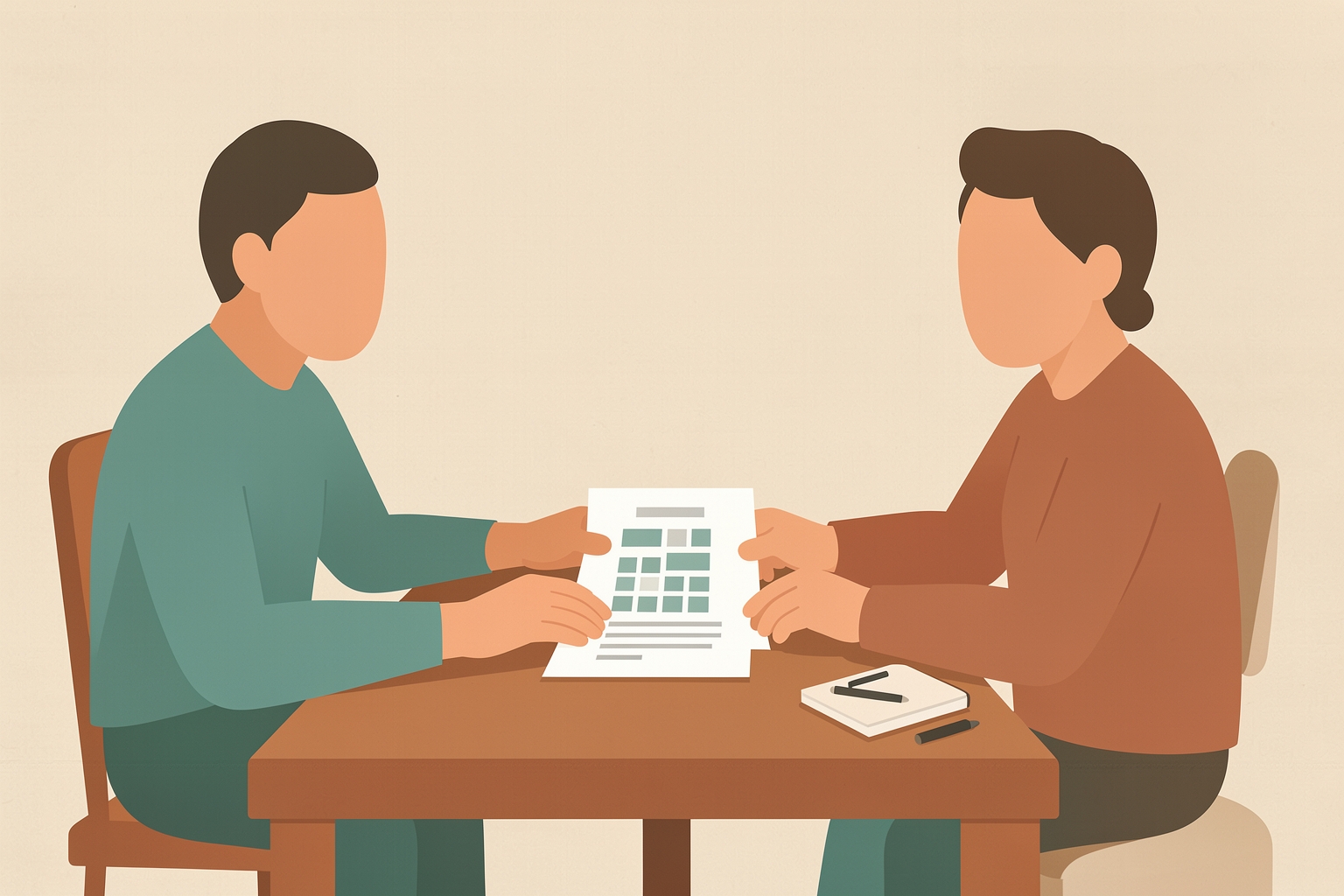 A flat editorial illustration of two people sitting at a table, with one person handing a document to the other to show work evidence.