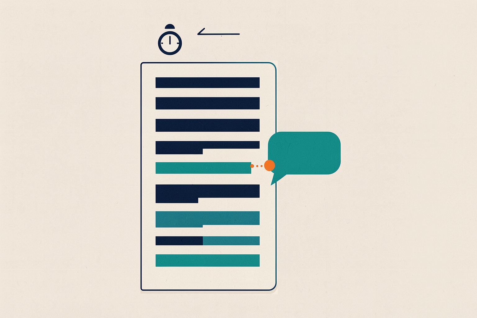 A flat editorial illustration on a textured neutral background featuring a stylized navy and teal document with a teal speech bubble and a small navy stopwatch icon.
