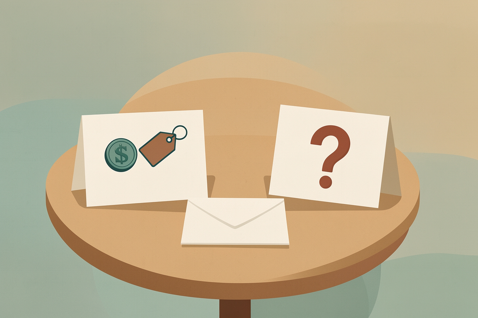 A flat editorial illustration of two cards on a round table; one card shows a dollar coin and a price tag, and the other shows a question mark, with an envelope between them.