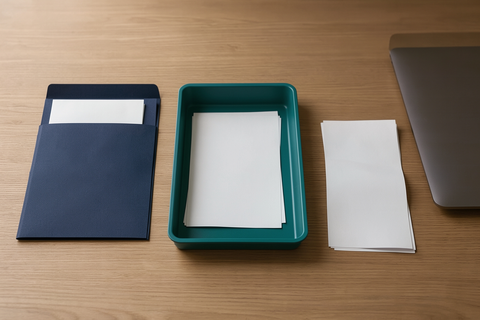 A top-down view of a wooden desk featuring a navy blue folder, a teal tray filled with white paper, a stack of white papers, and a closed dark grey laptop.