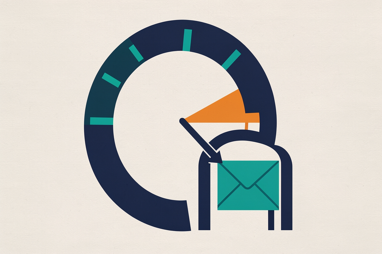 Una ilustración editorial plana sobre un fondo neutro con textura que muestra un gran indicador circular azul marino con segmentos turquesa y una cuña naranja, con una flecha azul marino que apunta hacia un icono de sobre turquesa dentro de un arco azul marino.