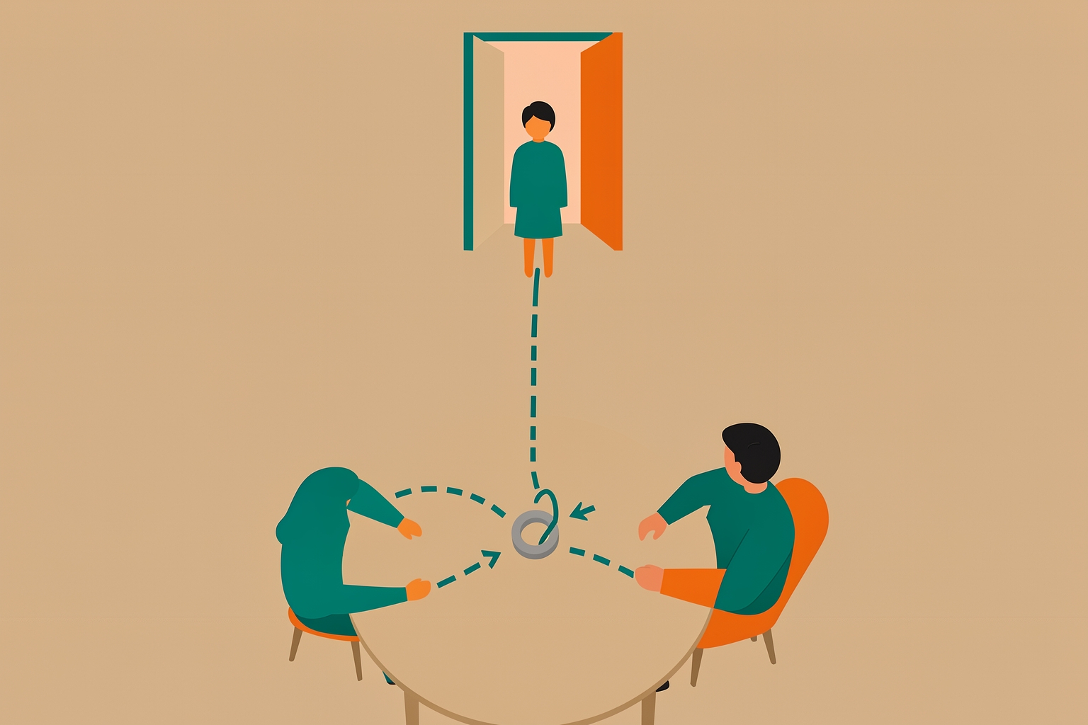 A flat editorial illustration on a tan background depicts two stylized people at a round table, with dashed lines connecting them to a central swirling icon and a third person standing in an open doorway above.