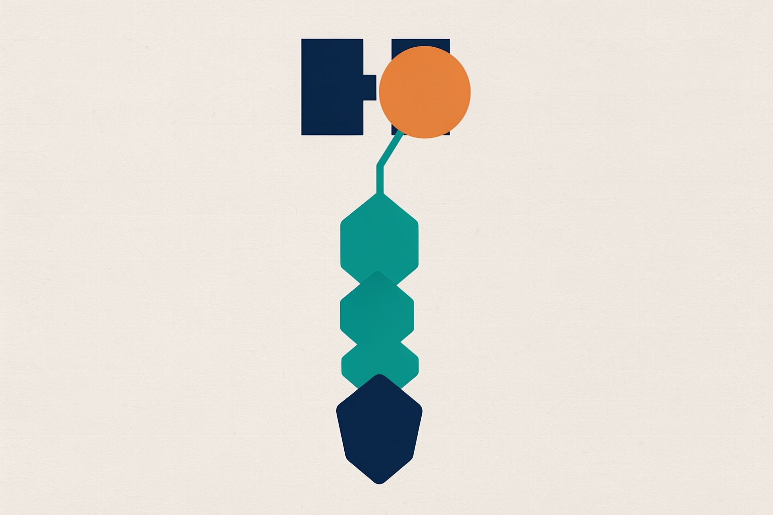 A flat editorial illustration on a textured neutral background shows a navy block shape at the top connected to an orange circle, which is linked to a vertical chain of teal hexagonal shapes ending in a navy pentagon.