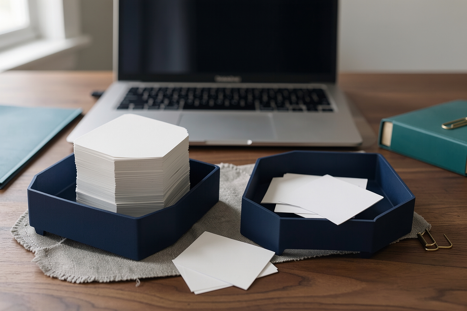 A photographic still life on a wooden desk featuring a defocused laptop, two navy blue hexagonal trays with white cards, a teal notebook, and gold paperclips under natural light.