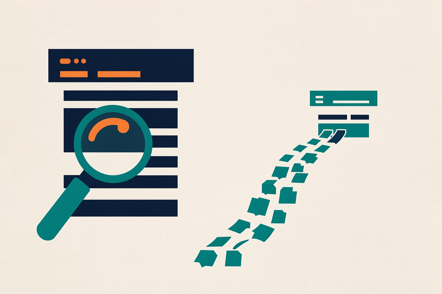 A flat editorial illustration on a textured neutral background. On the left, a navy document with horizontal lines is being inspected by a teal magnifying glass with an orange accent.