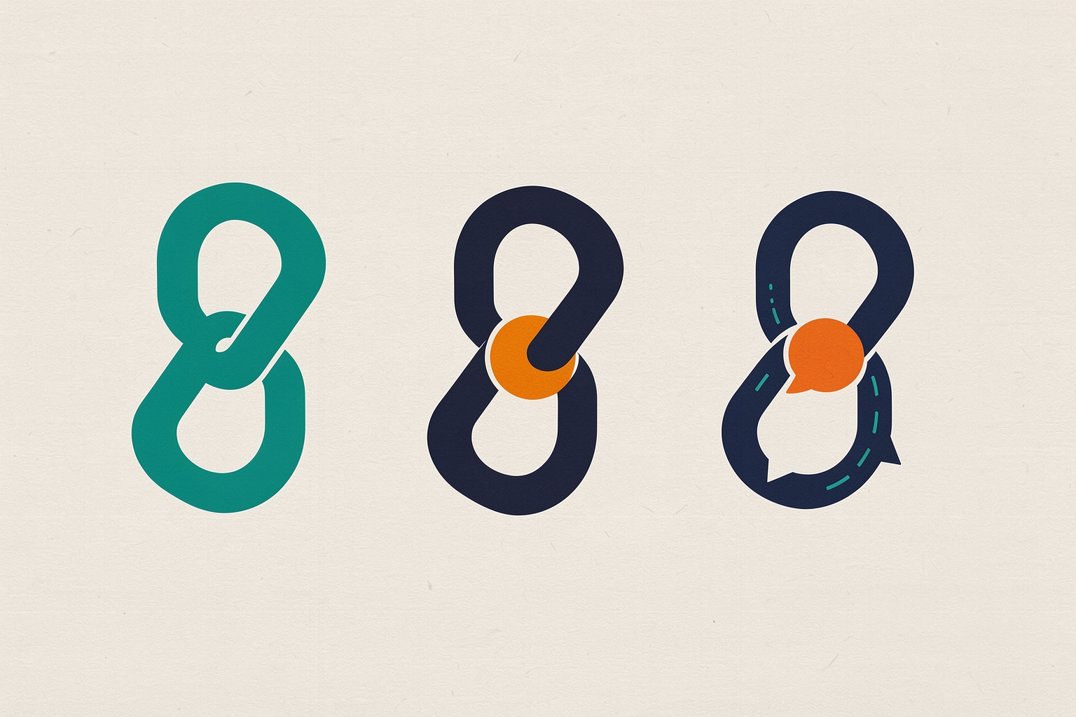 Una ilustración editorial plana sobre un fondo neutro con textura que muestra tres iconos de enlace estilizados en colores y configuraciones distintas: un enlace sólido verde azulado, un enlace azul marino con un círculo naranja y un enlace azul marino con un globo de diálogo naranja.