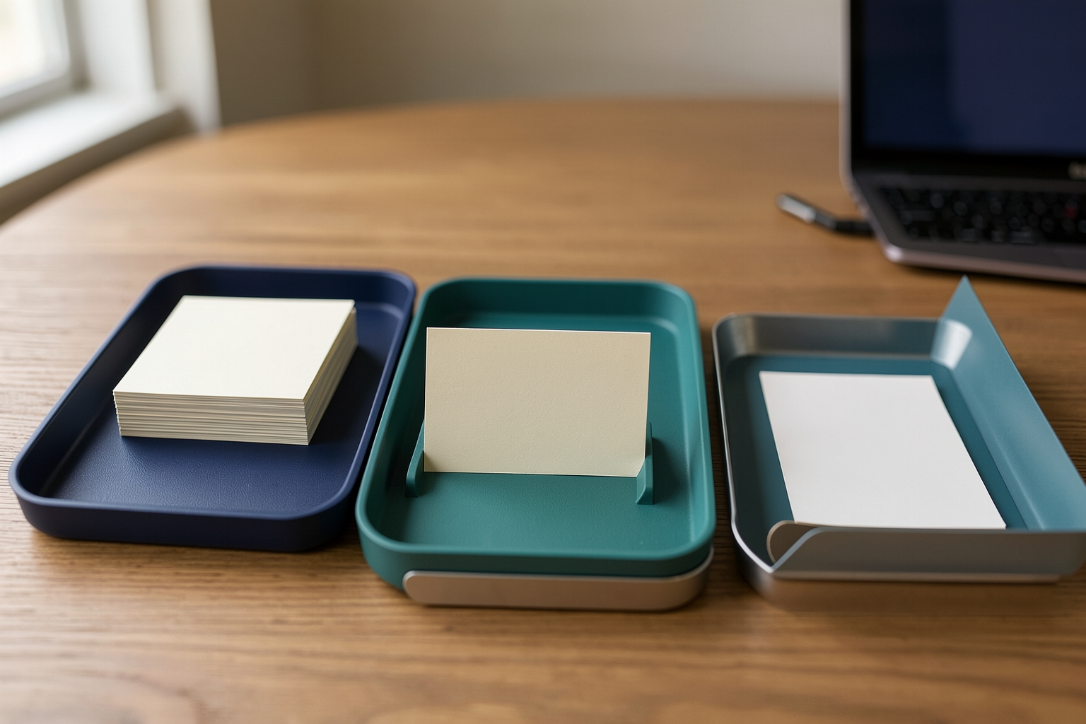 Three matte trays in navy, teal, and grey sit on a wooden surface, each holding white cards, with a defocused laptop in the background under natural light.