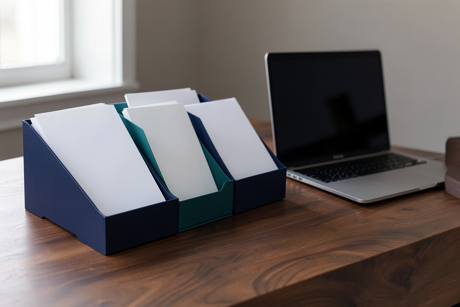 A photographic still life of navy and teal file organizers filled with blank white papers on a wooden desk next to a laptop, illuminated by natural window light.