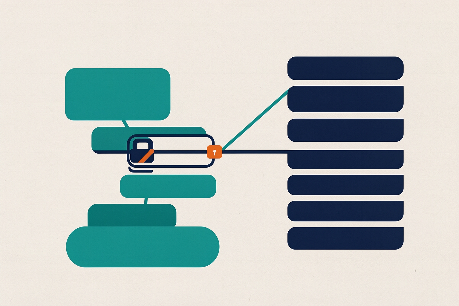 A flat editorial illustration on a textured neutral background. On the left, a stack of teal rounded shapes is connected to a central navy rounded rectangle containing a small orange lock icon.