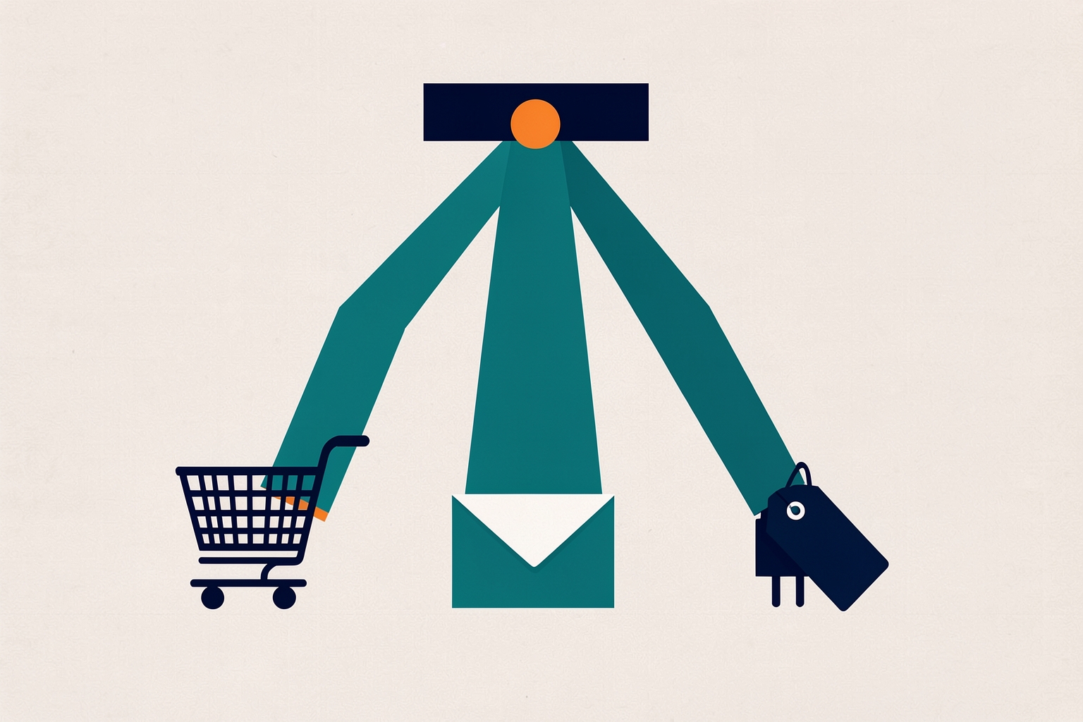 A flat editorial illustration on a textured neutral background. A navy bar with an orange circle at the top has three teal shapes radiating downwards.