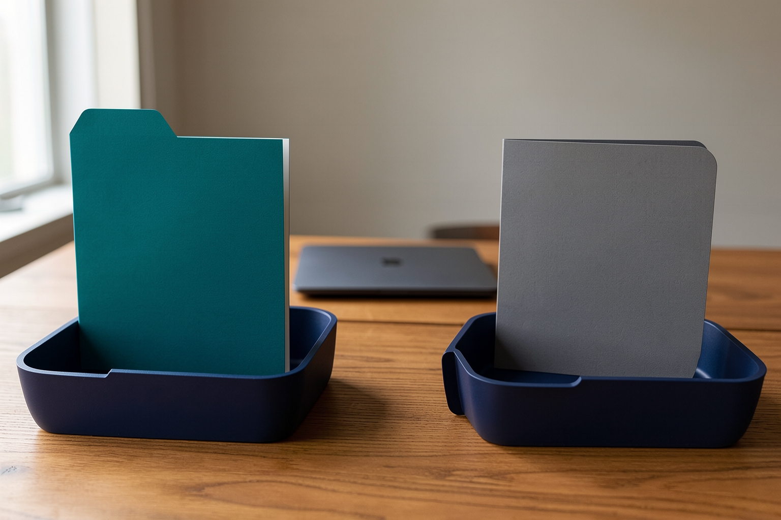 A photographic still life on a wooden desk featuring two navy blue trays. One tray holds a teal folder, and the other holds a grey folder. An unbranded dark laptop sits defocused in the background near a window.