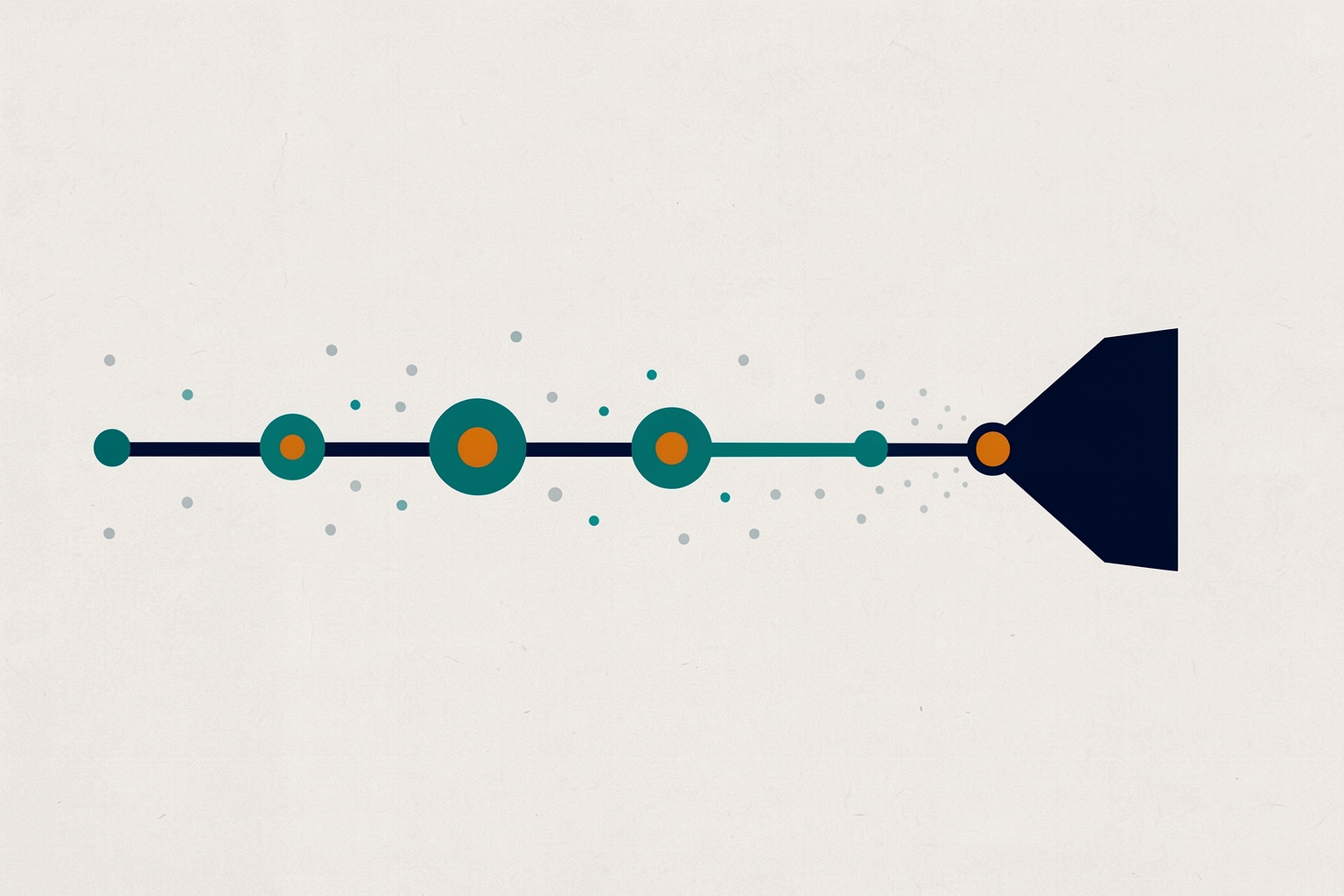A flat editorial illustration on a textured neutral background showing a teal and navy horizontal line with various sized teal and orange circles, which then tapers into a navy blue funnel shape.
