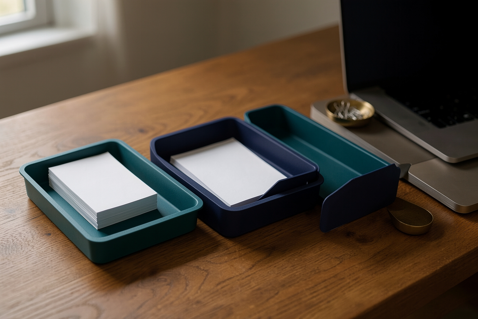 A photographic still life on a wooden desk featuring two matte trays in teal and navy, containing stacks of blank white paper, next to an unbranded laptop and a small brass dish.
