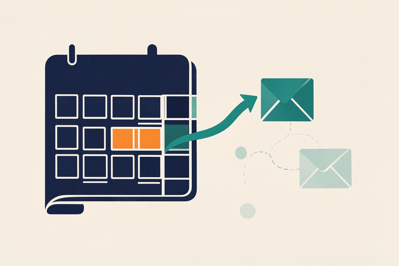 A flat editorial illustration on a textured neutral background showing a navy calendar with an orange square. A teal arrow points from a teal square on the calendar to a teal envelope.