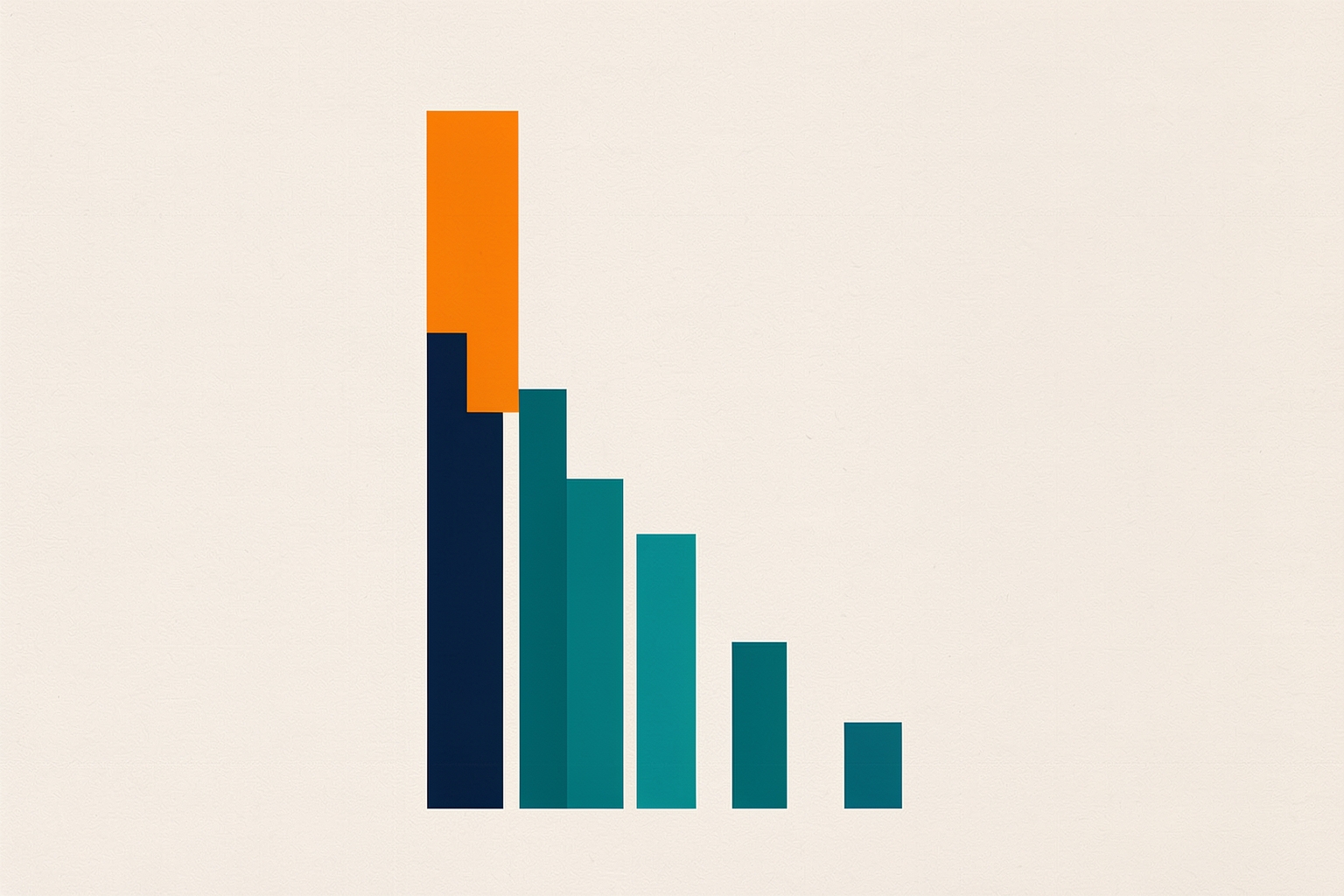 Una ilustración editorial plana sobre un fondo neutro con textura que muestra un gráfico de barras compuesto por formas rectangulares simples en azul marino, turquesa y una barra naranja.