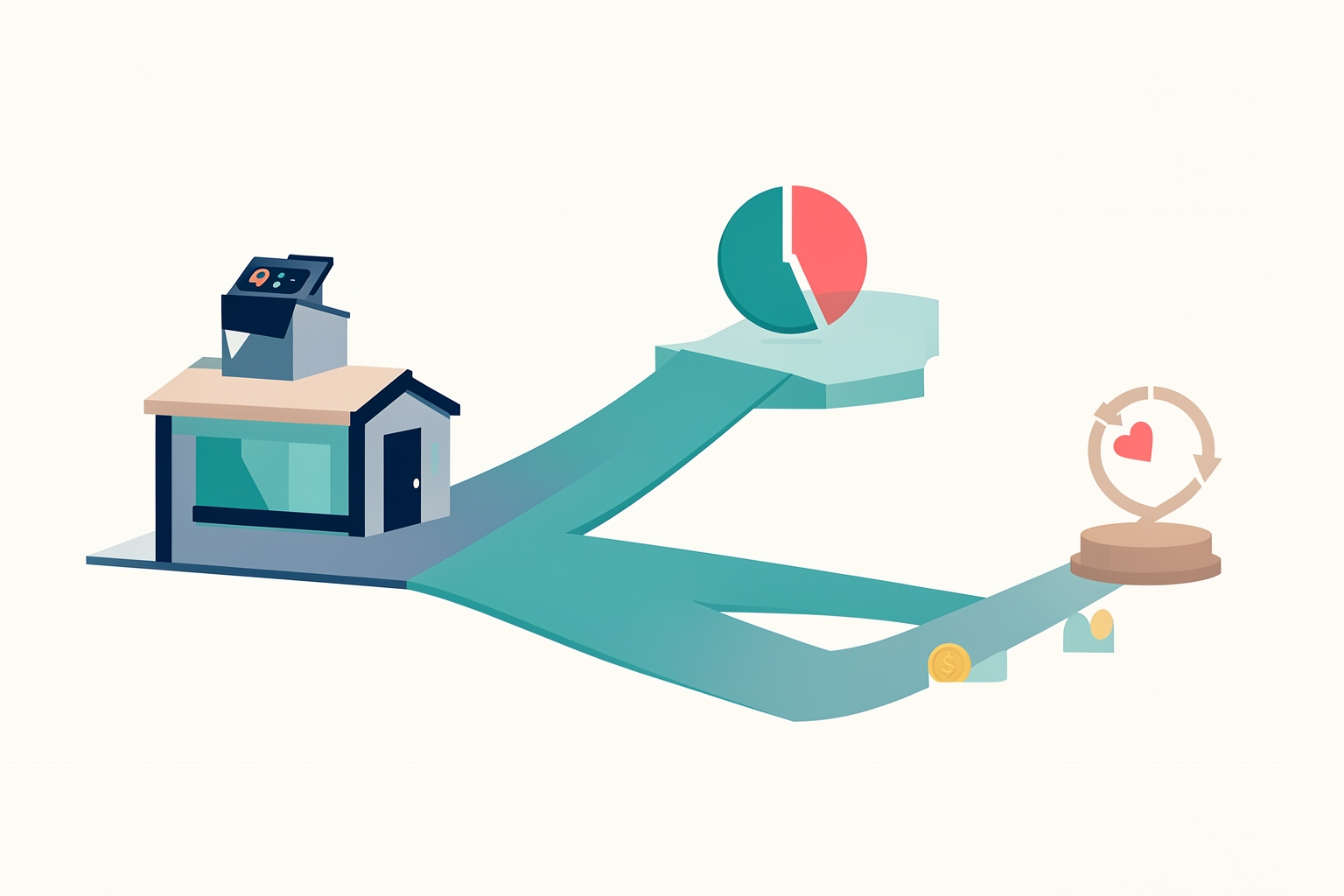 An isometric flat illustration of a path splitting into three directions from a stylized building. One path leads to a pie chart, another to a heart icon with circular arrows, and the third to gold coins.
