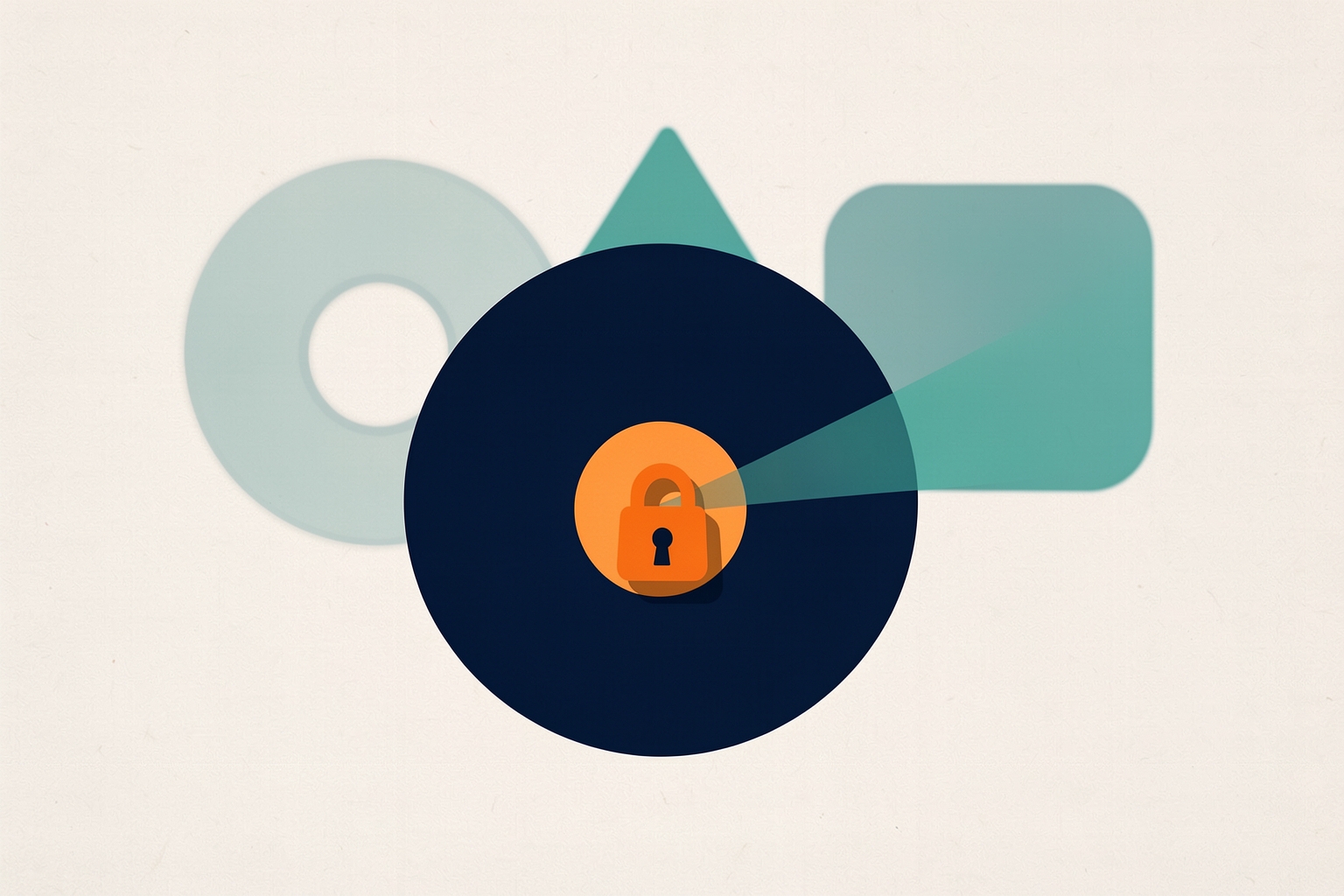 A flat editorial illustration on a textured neutral background featuring a large navy circle in the center containing an orange circle with a dark navy padlock icon.