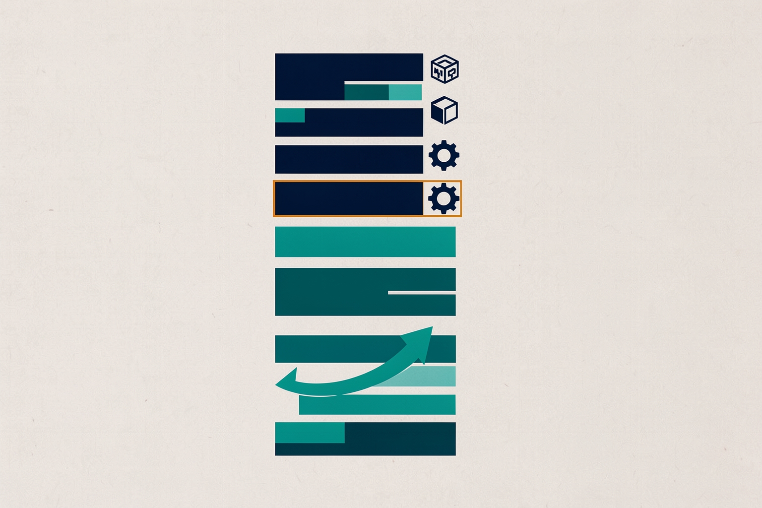 A flat editorial illustration on a textured neutral background featuring a vertical stack of navy and teal rectangular bars. Small icons of cubes and gears are placed next to the bars, and a large teal arrow curves upward at the bottom.