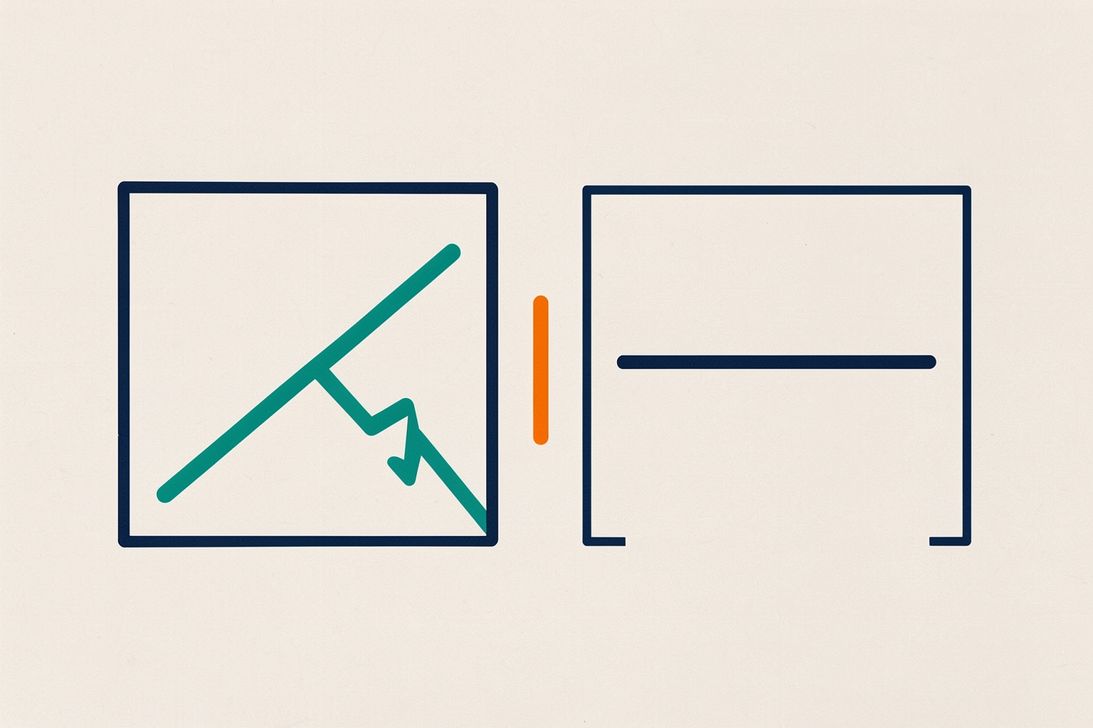 A flat editorial illustration on a textured neutral background showing two navy-outlined squares. One contains a teal jagged line and the other a horizontal navy line, separated by an orange bar.
