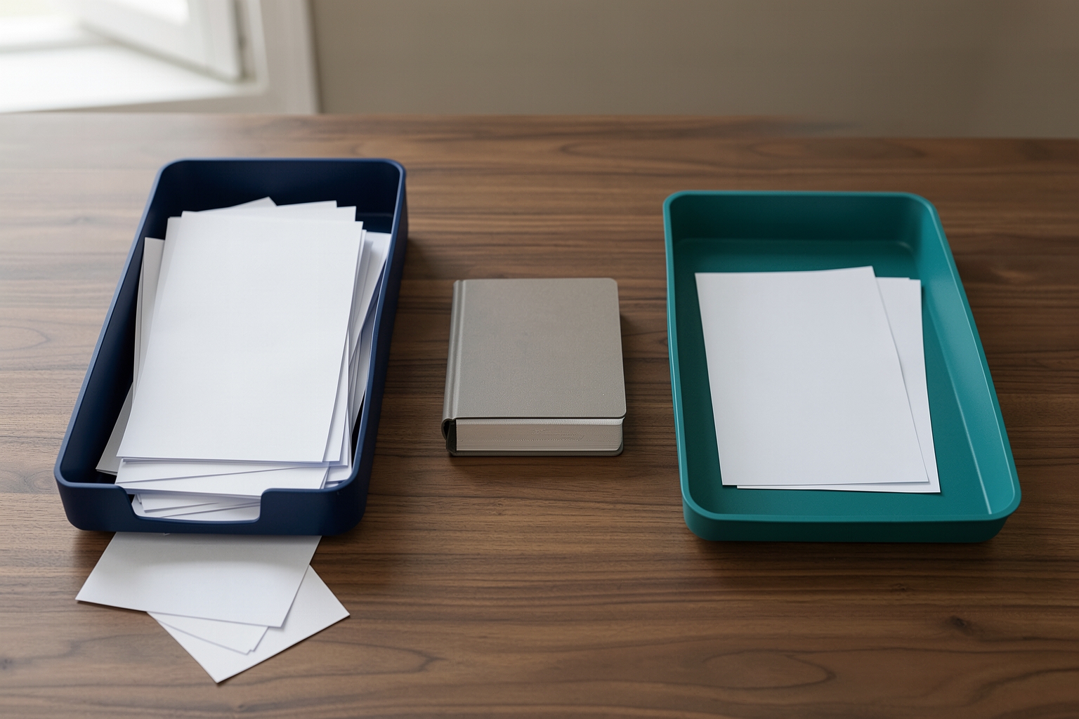 A photographic still life on a wooden table featuring a navy blue tray filled with white papers, a small grey notebook in the center, and a teal tray containing a few white papers.