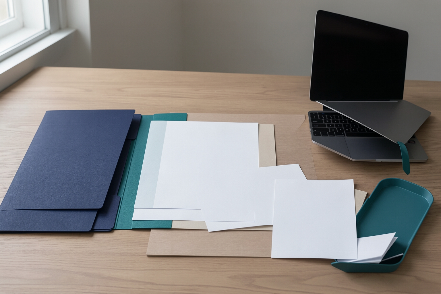 A photographic still life on a wooden desk featuring a navy folder, a teal folder, several blank white papers, a teal tray, and an unbranded laptop under natural window light.