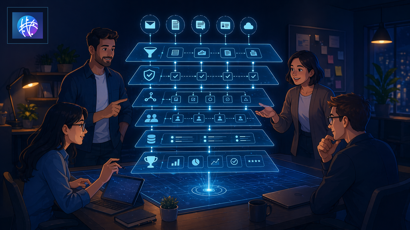 Automation Infrastructure Architecture for Growing SMB Teams cartoon operations infrastructure hero image with Meshline logo