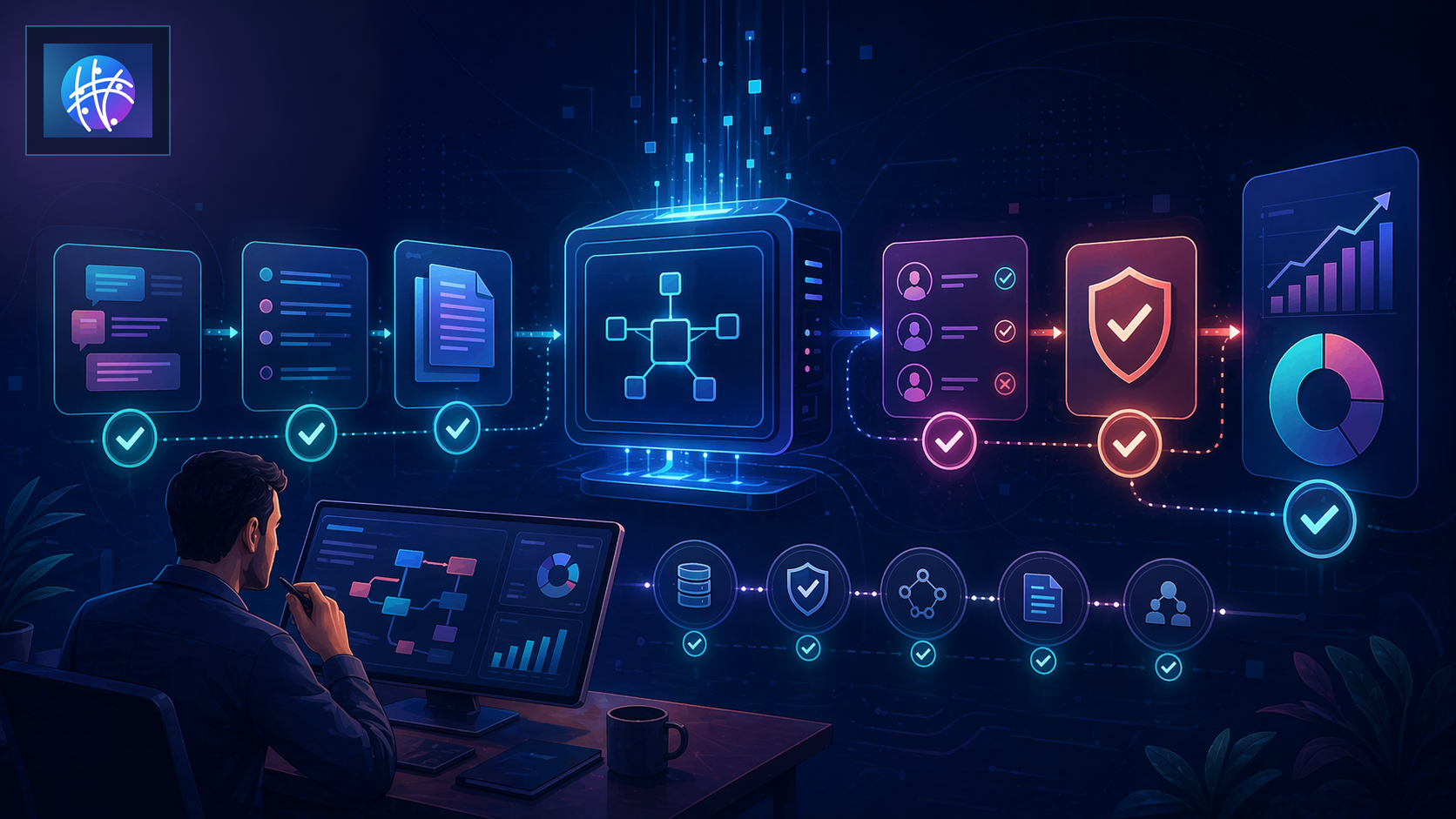 Automation Infrastructure Checklist Before Scaling AI Workflows cartoon operations infrastructure hero image with Meshline logo