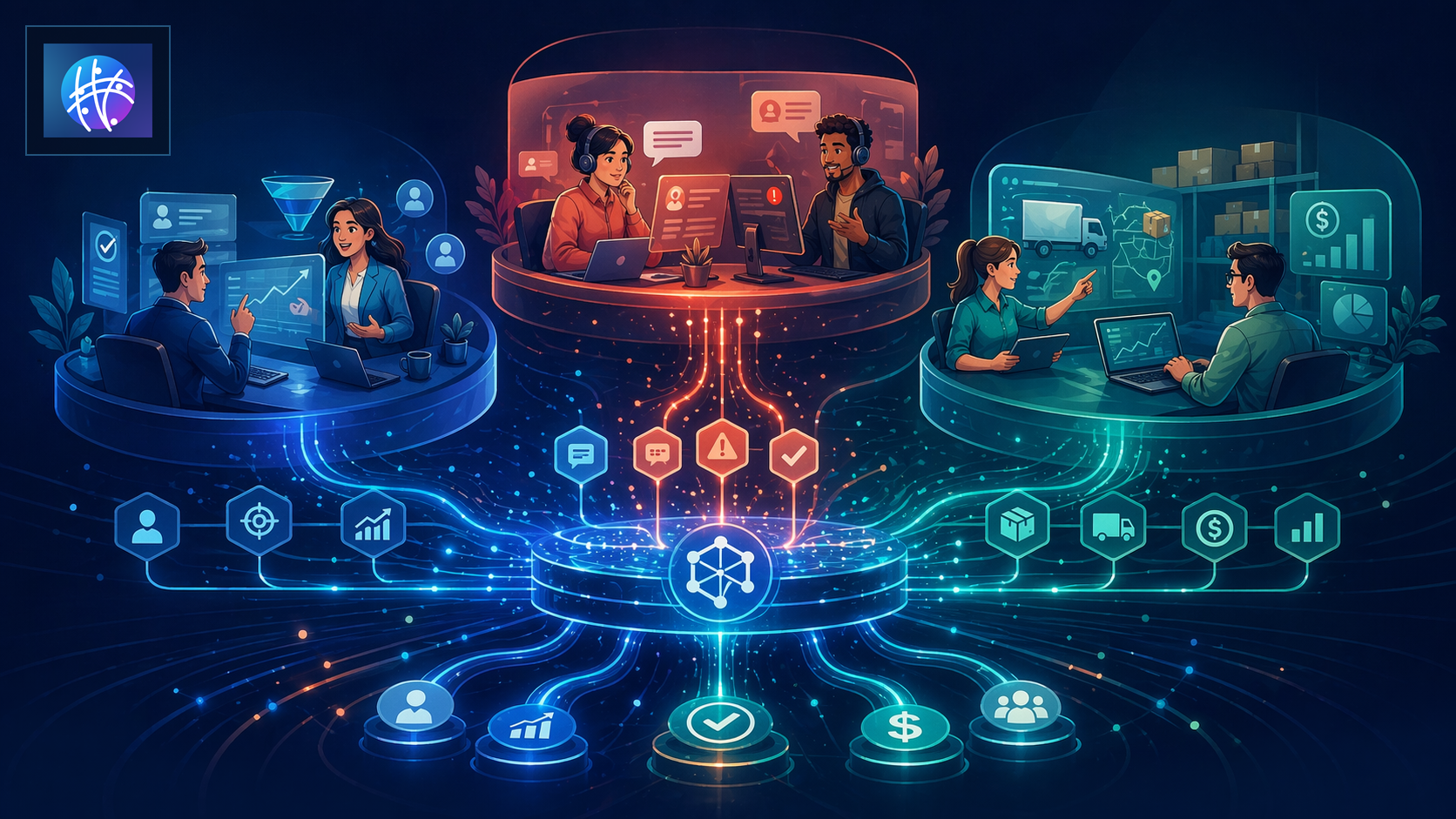 Automation Infrastructure Examples for Revenue, Support, and Operations cartoon operations infrastructure hero image with Meshline logo