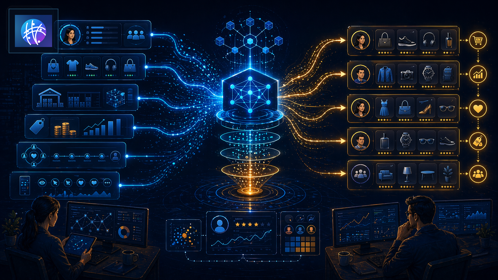 How Recommendation Engines Work With Customer, Product, and Event Data premium recommendation engine hero image with Meshline logo