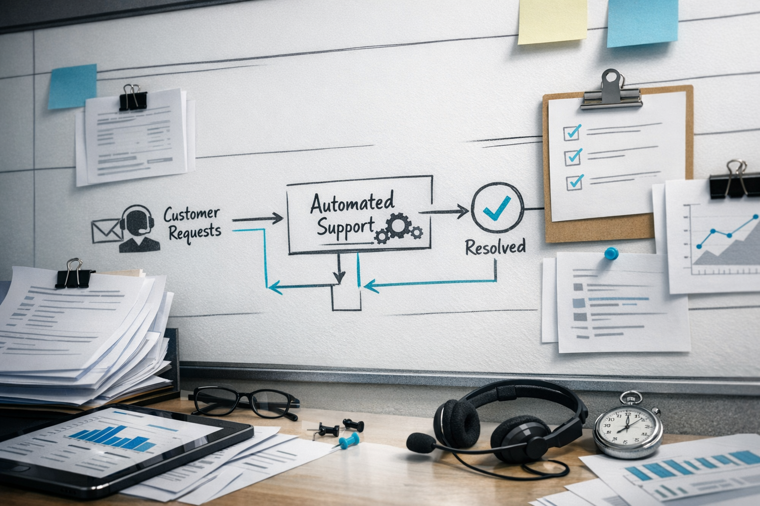 Diagrama del modelo operativo de Meshline para automatización de soporte: disparador, propietario, ruta de excepción, señal de QA y capa de ejecución.