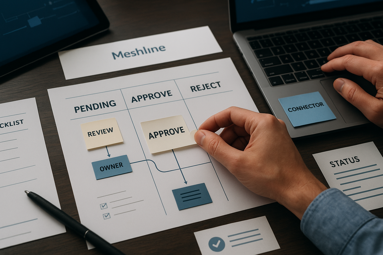 Diagram: Mailchimp → Orchestrator → NetSuite showing campaign_id, SLA timer, artifact URLs, and approval_status handoffs with marketing hold flag.
