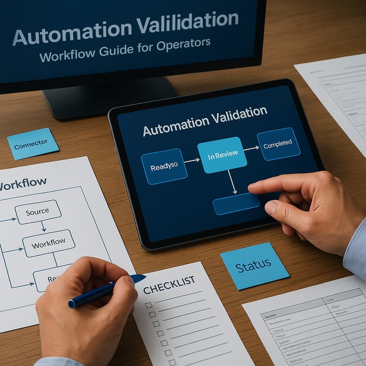 Operator reviewing an automation validation workflow diagram showing triggers, owners, canary rollout, and exception paths.