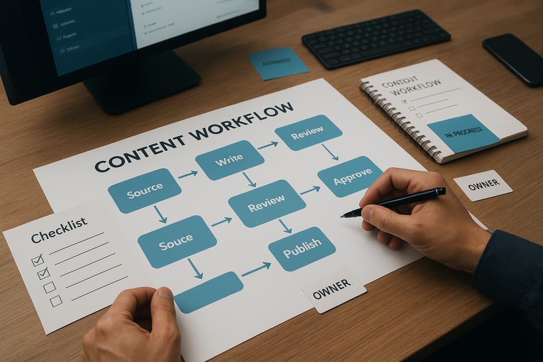 Guarded automation flow diagram showing brief → validate → publish → monitor path for a content workflow. Visual emphasizes validation + guarded execution between systems (Airtable → Contentful → site) and monitor hooks to Search Console.