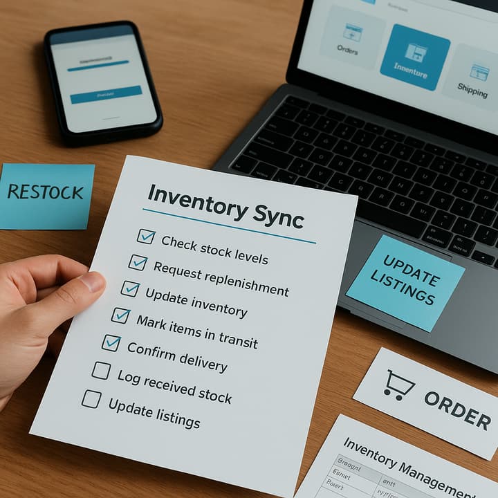 Ecommerce inventory sync workflow diagram showing sales, receiving, cycle counts, exception routing, and reconciliation QA owners.