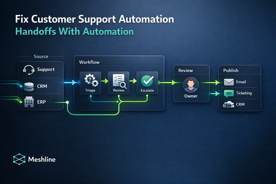 Flow diagram overlaying a support ticket inbox, showing owners, decision nodes, approvals, and telemetry dashboards.